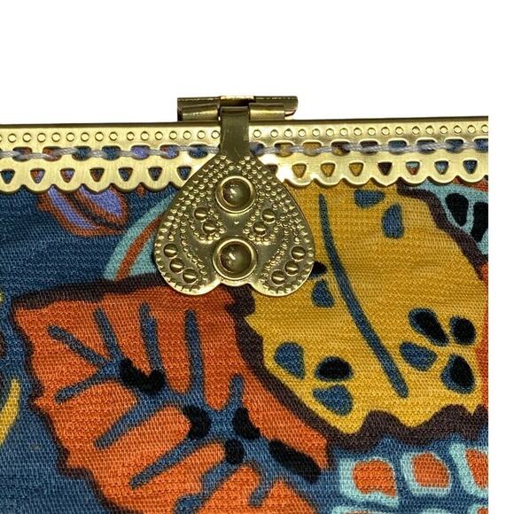 Floral tote Clutch bag purse FLORAL Blue Gold Tone - Picture 6 of 10